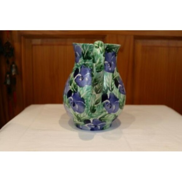 Bloomingdales Italy Hand Painted Italy Pottery Pitcher Floral Blue Pansy - Picture 7 of 7